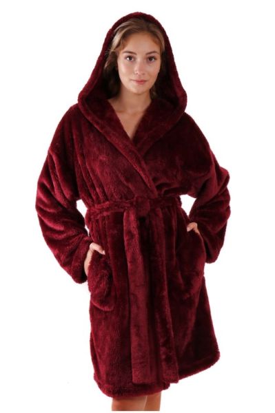 Krátký župan LILLY extra chlupatý s kapucí - Vínová, vel. L-XL, galerie